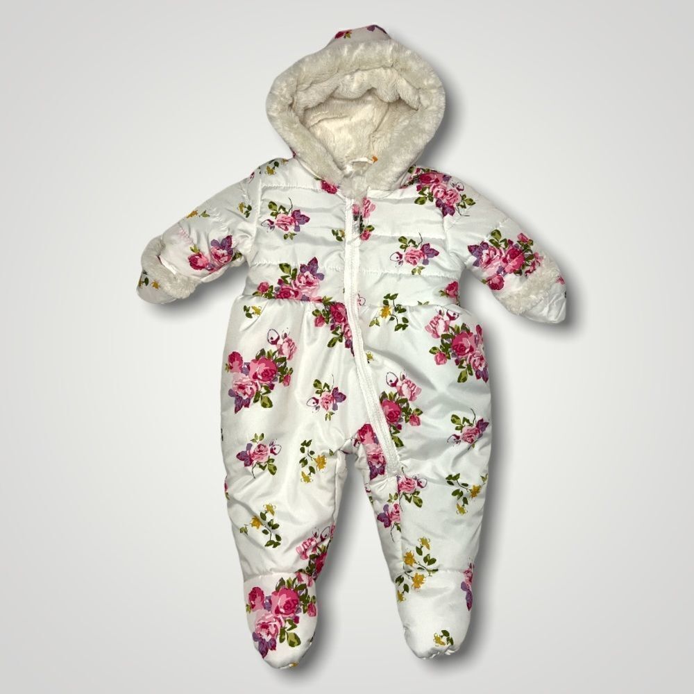 Rothschild Baby Girl White Floral Snowsuit Onesie Size 3-6 Months